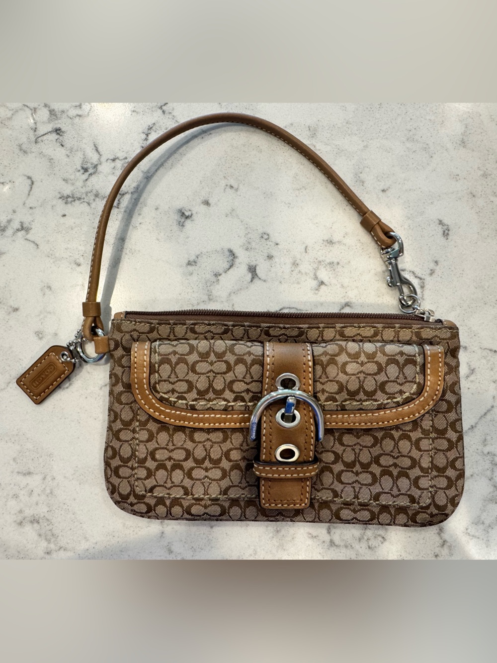 Coach brown vintage 00s wristlet only used once fabric and leather buckle Y2K